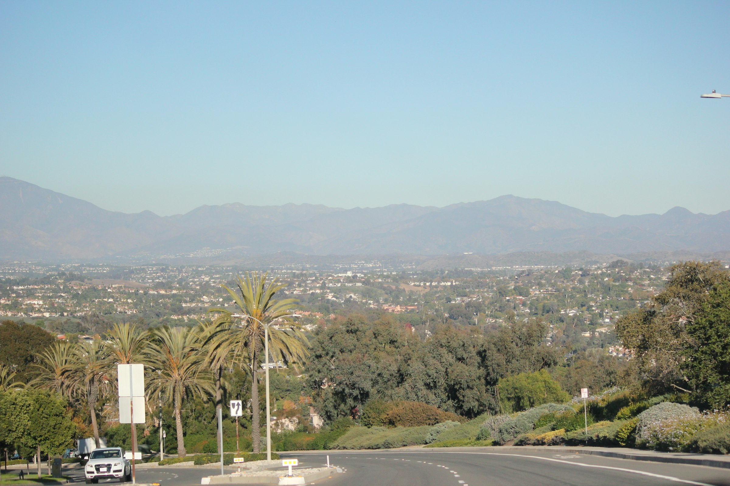 A San Fernando Valley street with the mountains in the background.